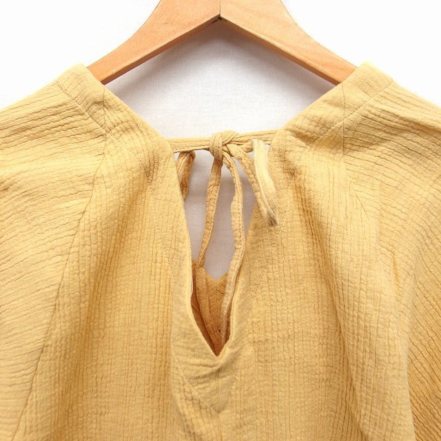  Moussy moussy blouse shirt 7 minute sleeve long height tunic height V neck ribbon cut ... none wrinkle processing cotton flax F yellow /FT4 lady's 