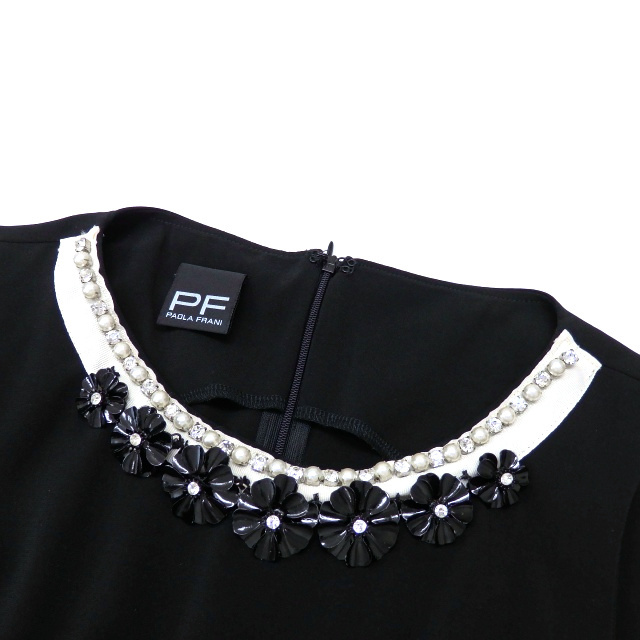 パオラフラーニ PAOLA FRANI フラワービジュー装飾 ノースリーブワンピース ドレス 42 ブラック 黒 イタリア製 国内正規 984034 レディース_画像4