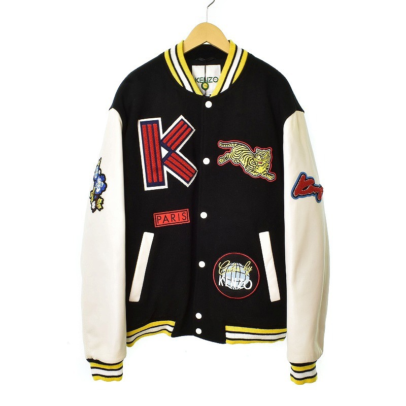 ケンゾー KENZO Varsity Jacket スタジャン ジャケット ブルゾン メルトン ロゴパッチ S 黒 ブラック メンズ