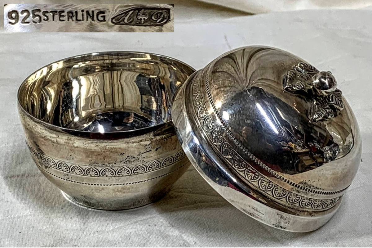 アンティーク 古物 925 STERLING A葉D 刻印 シルバー/銀細工 桃掴み 蓋物/小物入れ 重約95g オブジェ/置物 コレクション 経年保管現状品