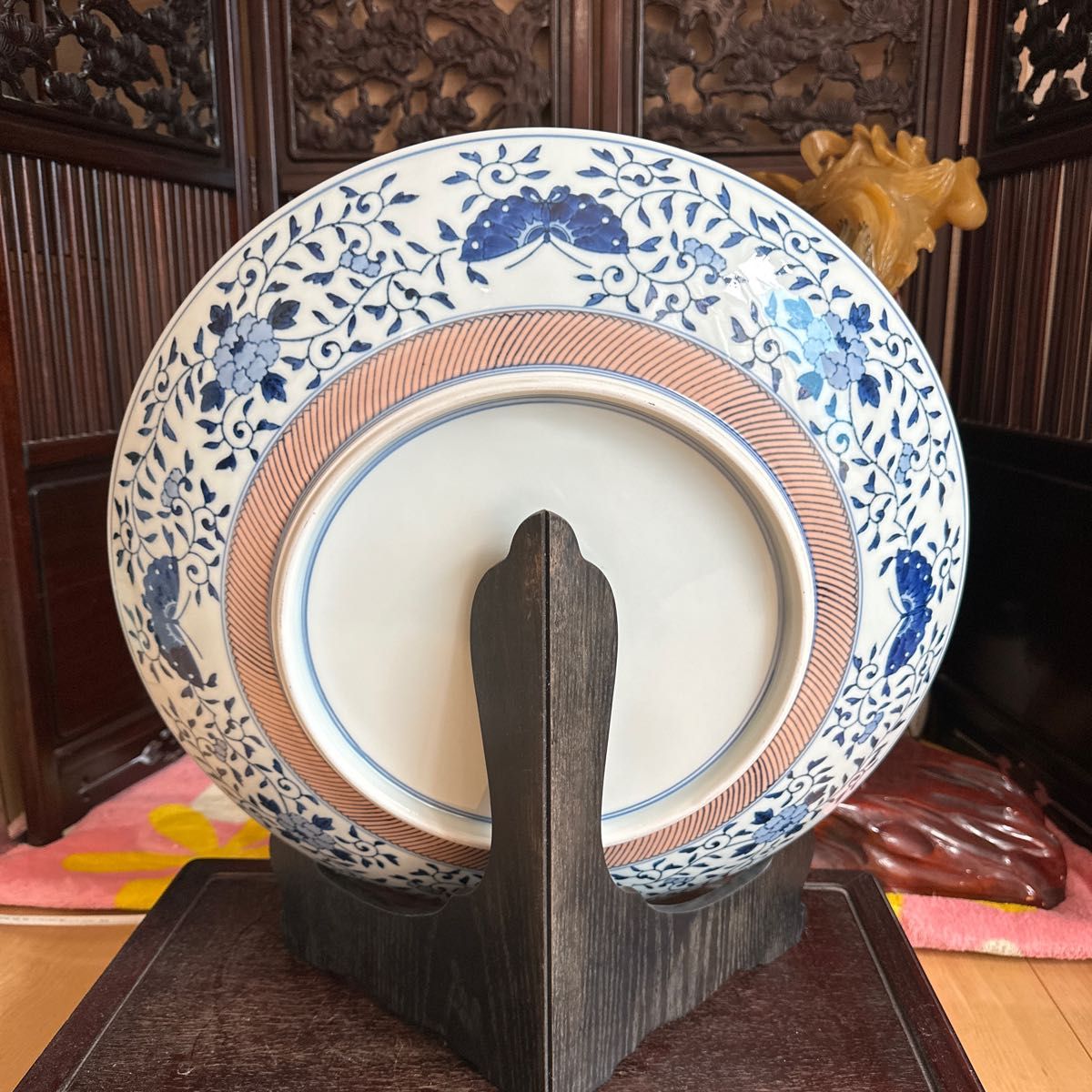 豪華 古伊万里 美術有田焼 年代物 染錦花鳥図 大皿 共箱 皿立付 有田