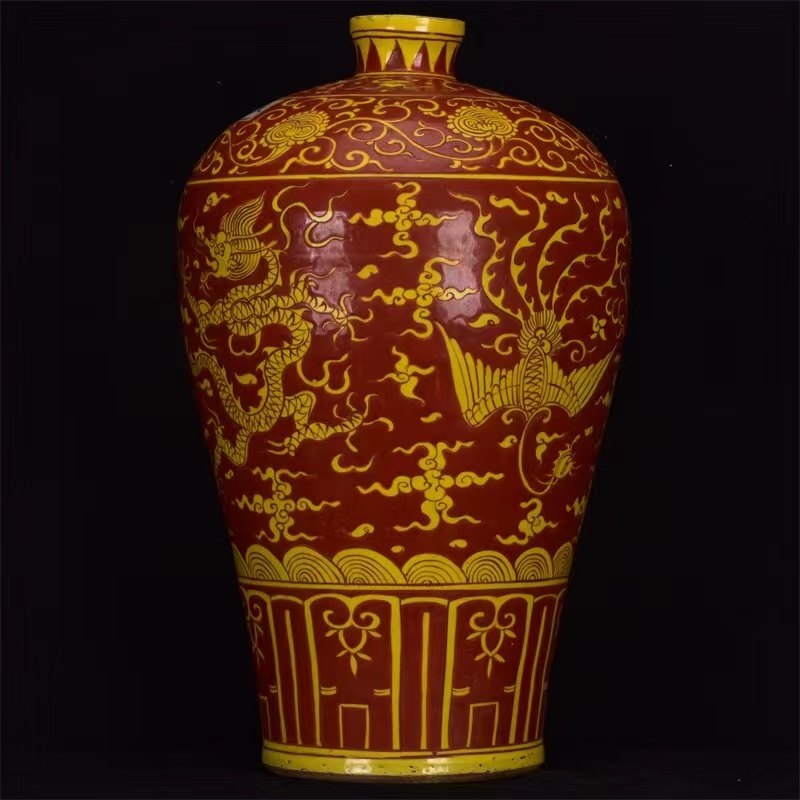 ◇旧蔵◇古美術 中国古玩 大明万歴年製款 礬紅龍鳳紋梅瓶 時代物 A35