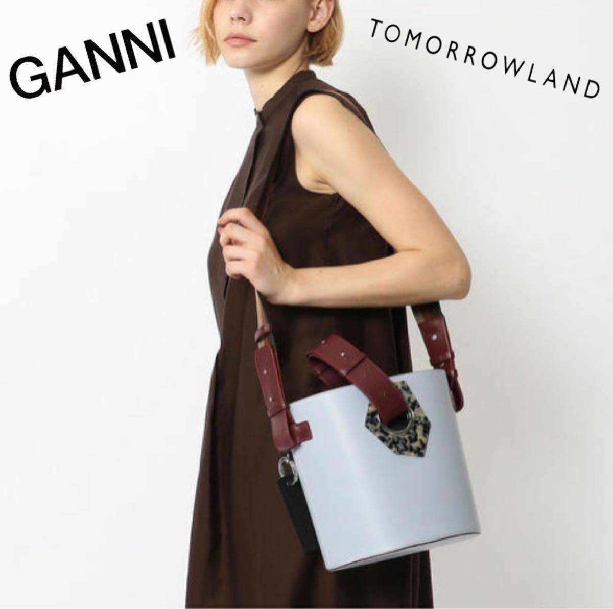 TOMORROWLAND x Ganni トゥモローランド x ガニー コラボ レザー バケツバッグ 2WAY ショルダーバッグ 本革 レディース イタリア製 ブルー_画像1