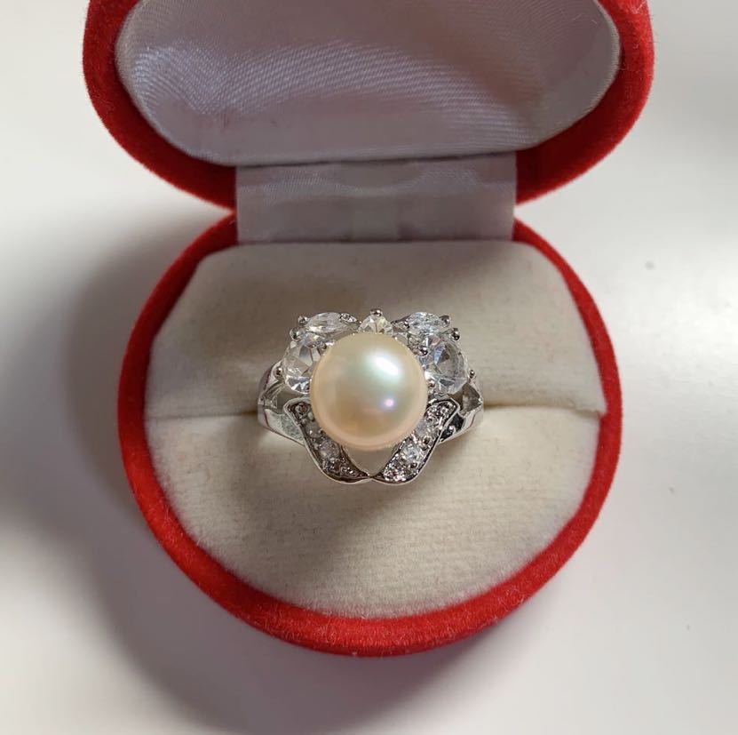 新品 pt プラチナ ダイヤ 本物 真珠 リング 指輪 サイズ 15号 ホワイトクリームカラー 系の画像1