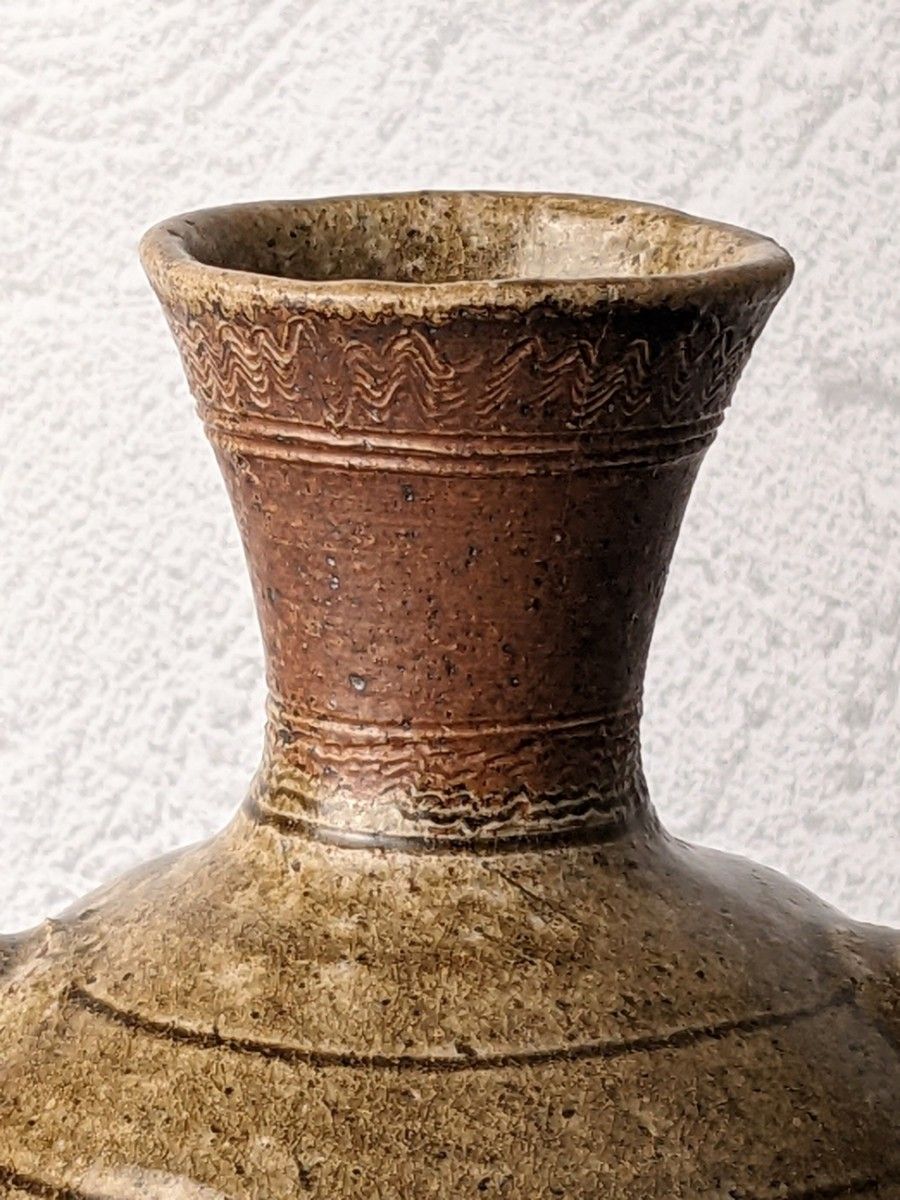 漢時代　灰釉双耳壺　　中国美術　中国陶磁　花瓶　花入
