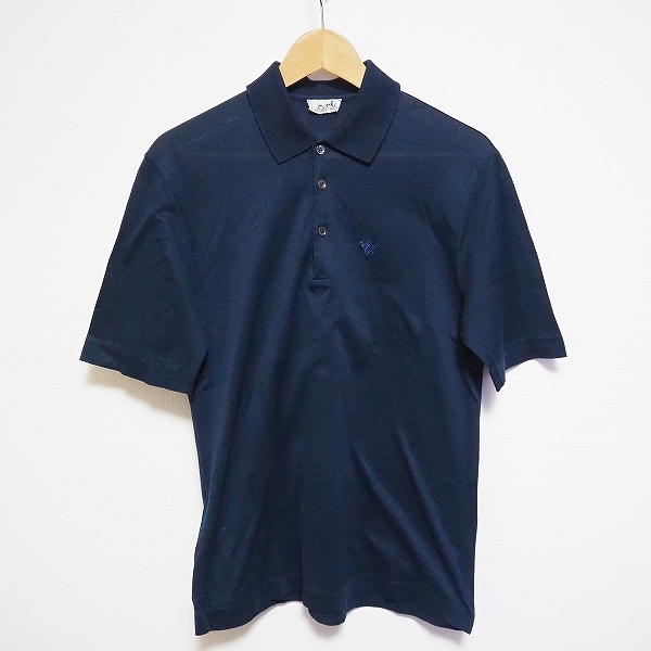 #spc Hermes HERMES рубашка-поло S темно-синий короткий рукав вышивка Италия производства Vintage мужской [788840]