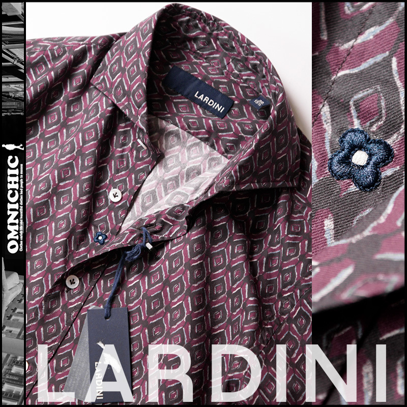 極上ホリゾンタルカラー■新品【LARDINI】ラルディーニが紡ぐ爽やかさと色気、幾何学模様が浜辺の香り纏う絶品ロゴ刺繍総柄シャツ39/S~Mの画像1