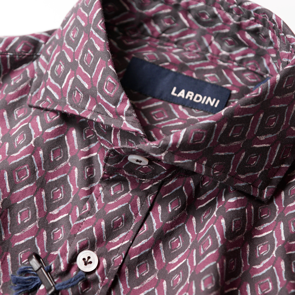 極上ホリゾンタルカラー■新品【LARDINI】ラルディーニが紡ぐ爽やかさと色気、幾何学模様が浜辺の香り纏う絶品ロゴ刺繍総柄シャツ39/S~Mの画像6