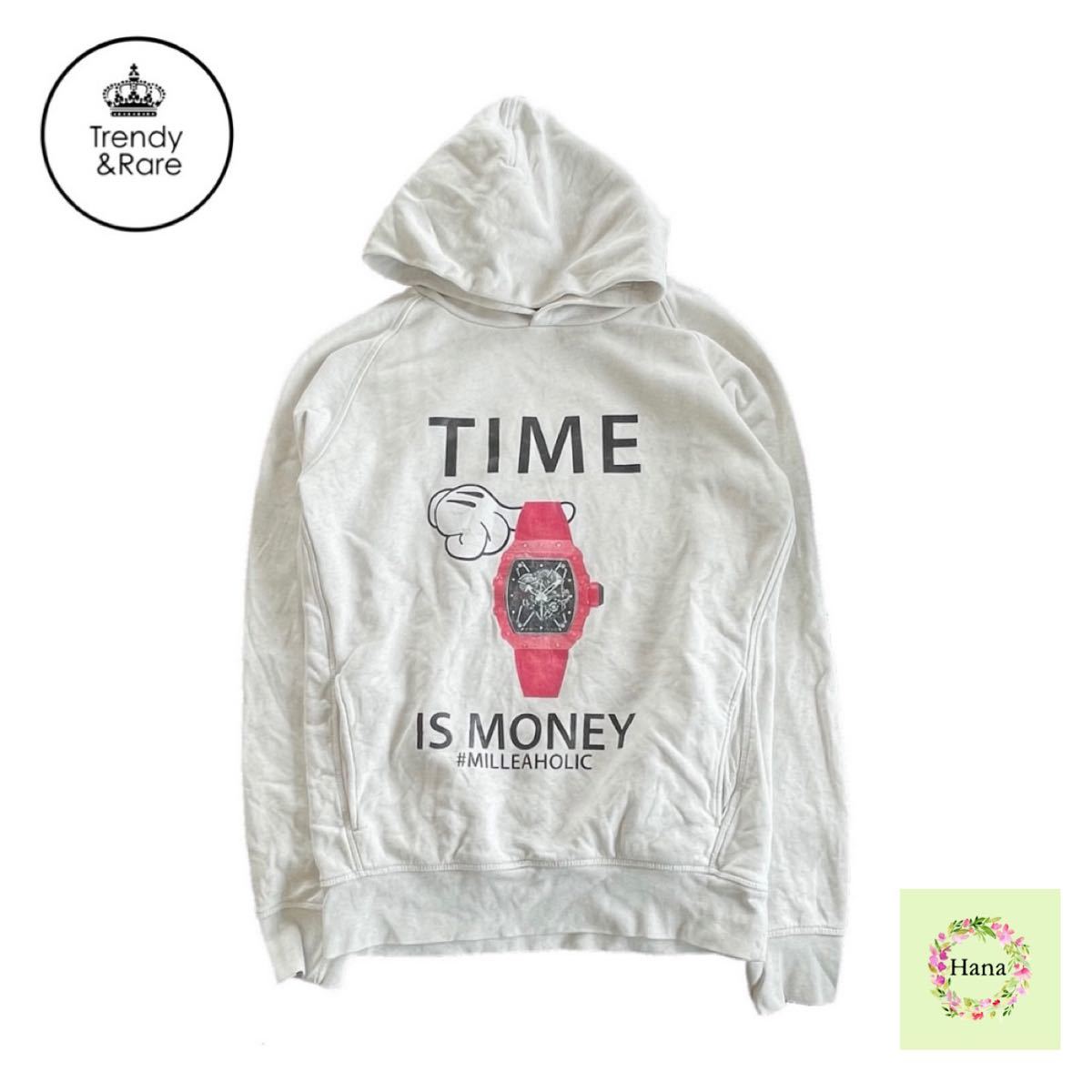 Trendy&Rare トレンディ&レア プルオーバー パーカー フード付き トップス TIME IS MONEY #MILLEAHOLIC 時計毎日コットン ホワイト 白_画像1