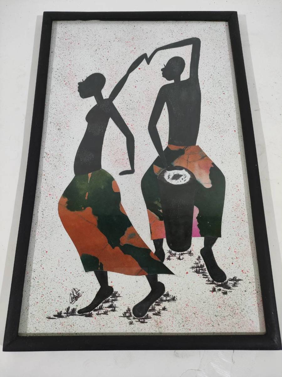 絵画 アフリカの民芸画「ドラマーとダンサー」模写　アート　P a0004_画像1