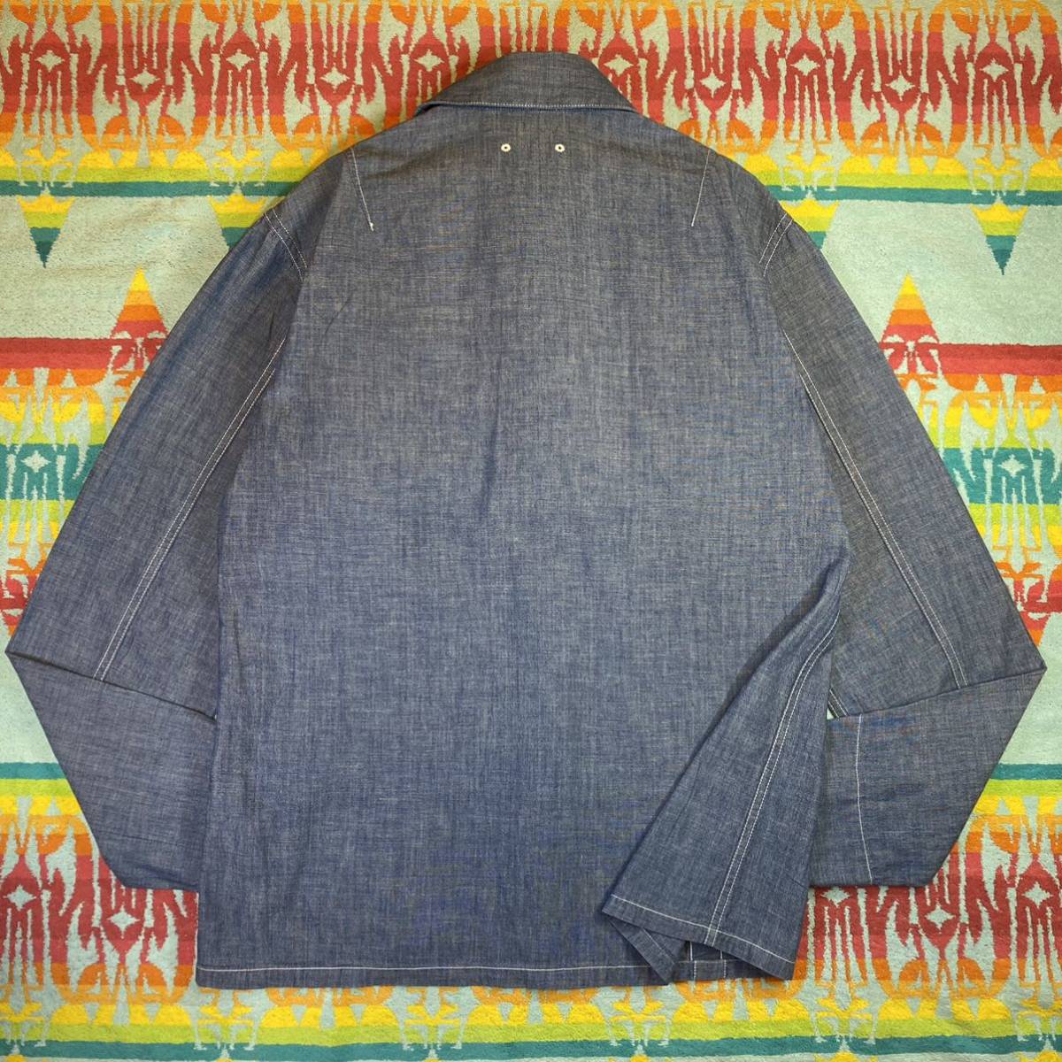 印象抜群!着こなし自在クリーニング済SOPHNET.ソフネット日本製CHAMBRAY DOUBLE POCKET SHIRT JACKET猫目チンスト菊穴シャンブレー シャツM_綺麗なドレープ 着丈短めのGoodシルエット