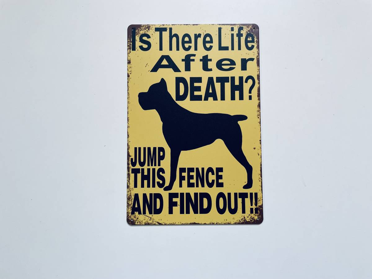 ブリキ看板 20×30㎝ 犬に注意 いぬ 警告 DOG Is After DEATH? JUMP THIS FENCE AND FIND OUT!! アメリカン雑貨 インテリア 新品 PRO-521_画像1