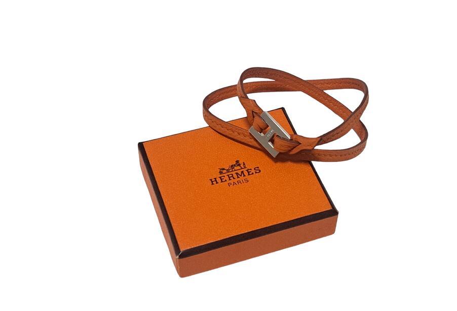 新品同様 エルメス ティレット ブレスレット レザー Hモチーフ シルバー レディース オレンジ レザーHERMES 【中古】_画像5