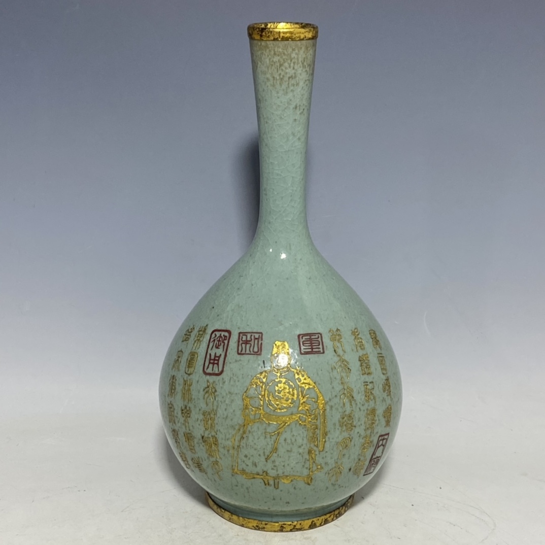 聚寶齋*古陶瓷器*宋代*官窯*汝窯*描金刻字金口瓶*花瓶】極細工賞物中国