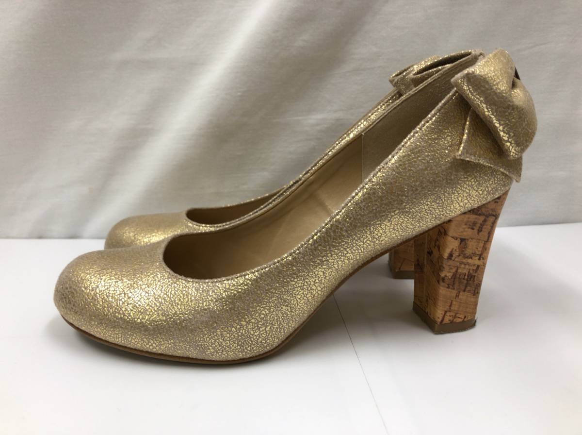 ESPERANZA heel ribbon pumps 24.5cm Gold cork style heel Esperanza 23032203