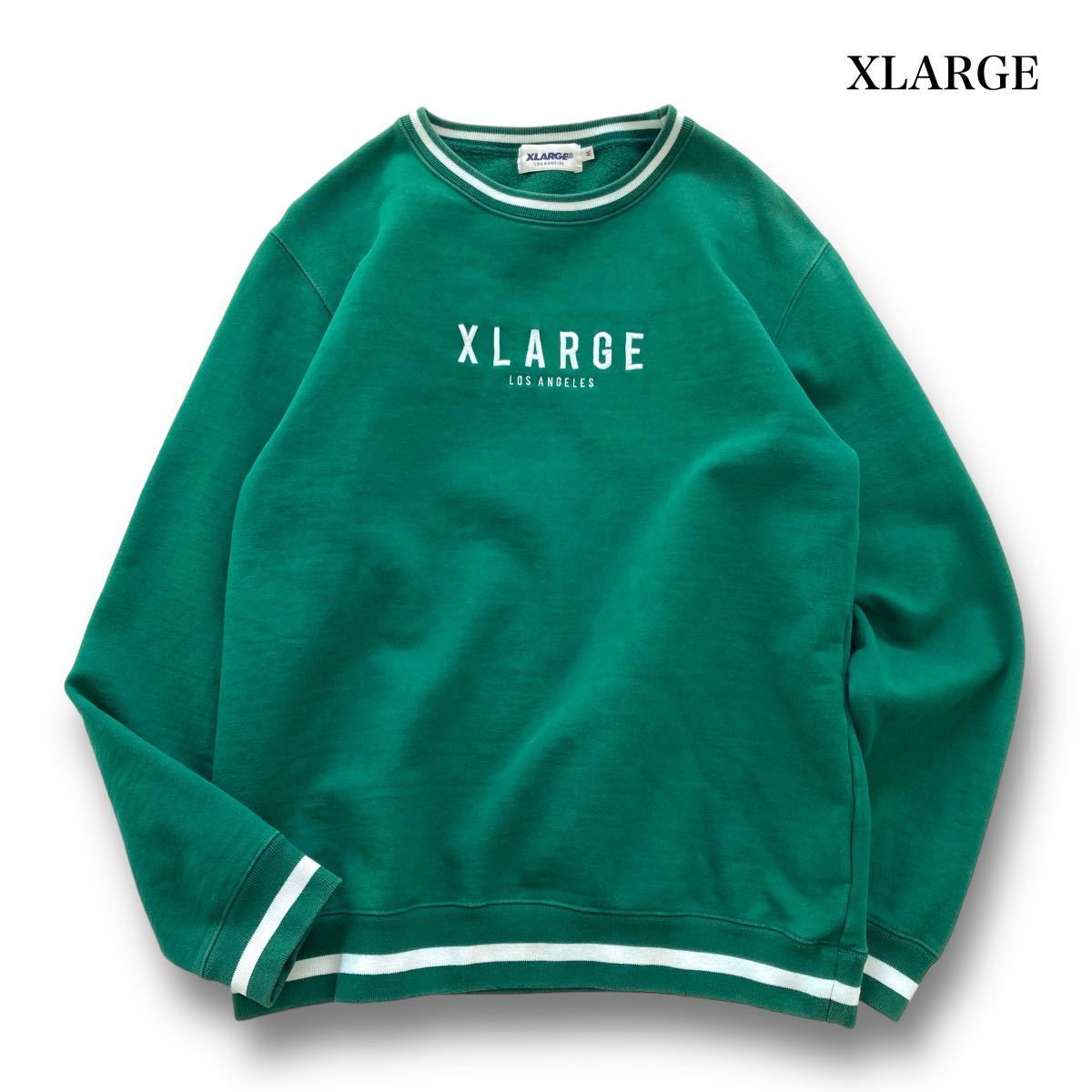 【XLARGE】エクストララージ スウェットトレーナー センター刺繍 リンガー グリーン 緑 ボックスシルエット オーバーサイズ 古着 (M)