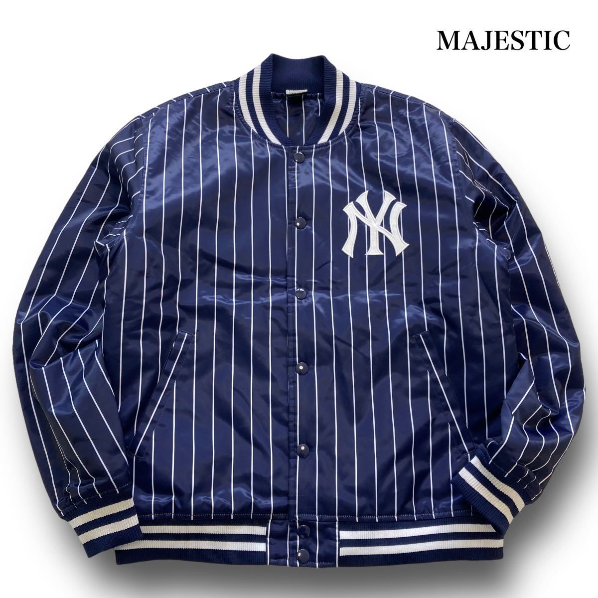【MAJESTIC】マジェスティック ニューヨークヤンキース ストライプスタジャン (XL) ナイロンスタジアムジャンパー 獅子ロゴ MLB 紺 (XL)