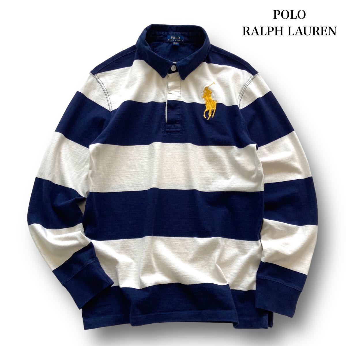 【POLO RALPH LAUREN】ポロラルフローレン ハーフボタンラガーシャツ 太ボーダー 刺繍ロゴ 長袖カットソー ビッグポニー 古着 白  ネイビー