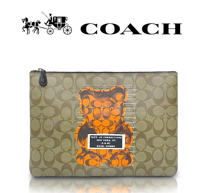 【超美品 ガミーベアコラボ】 コーチ COACH クラッチバッグ ポーチ セカンドバッグ 鞄 シグネチャー ブラウン オレンジ メンズ レディース
