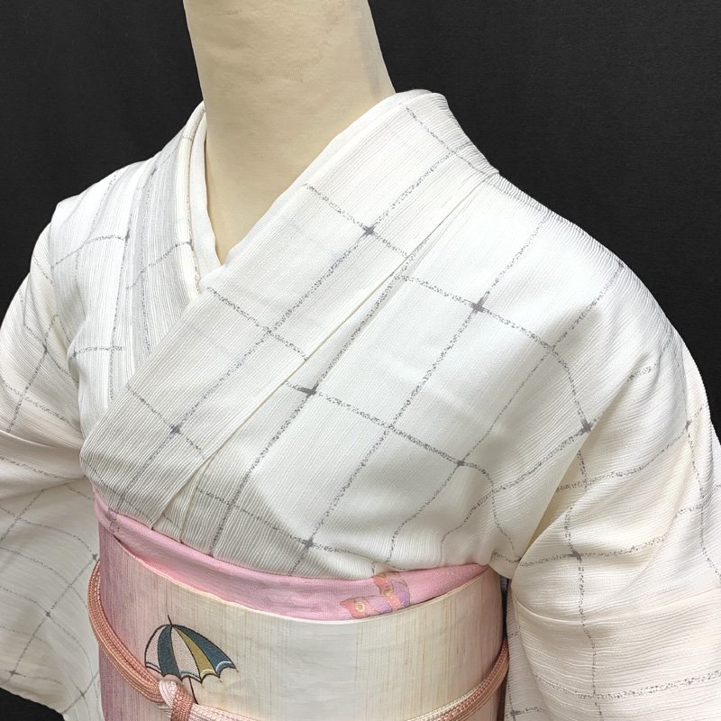 〇きものマーチ〇西陣輝洸 安治郎 小紋 格子模様 オフホワイト〇しつけ