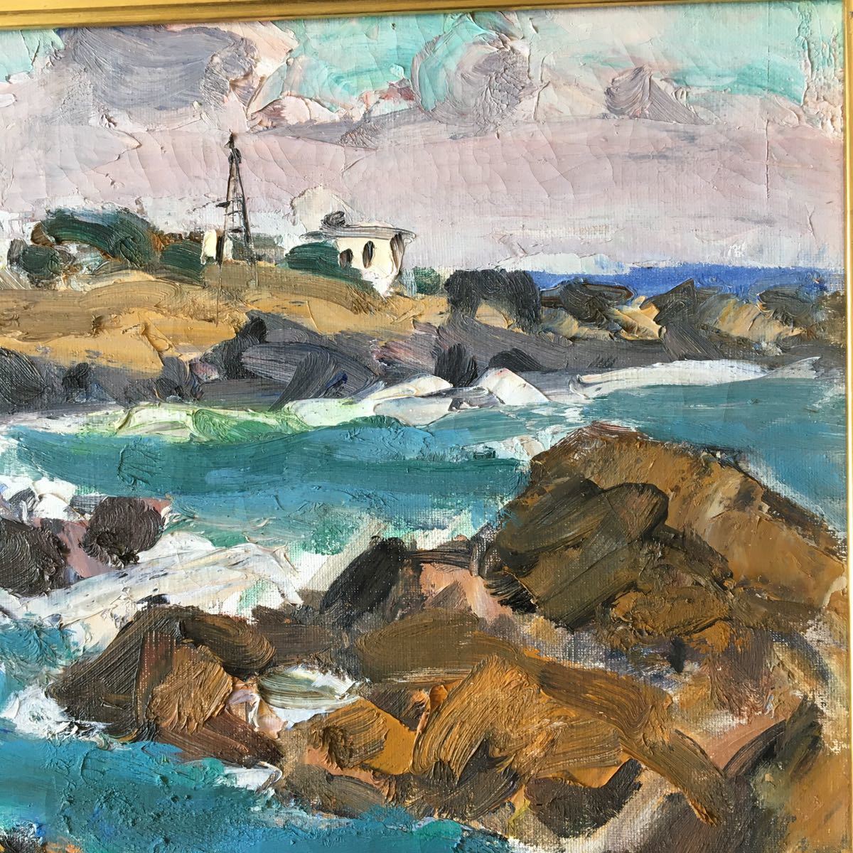 油絵 風景画 油彩 10号 S.Nishiyamaサイン 海 岩場 海辺 波 絵画 美術 C-83_画像4
