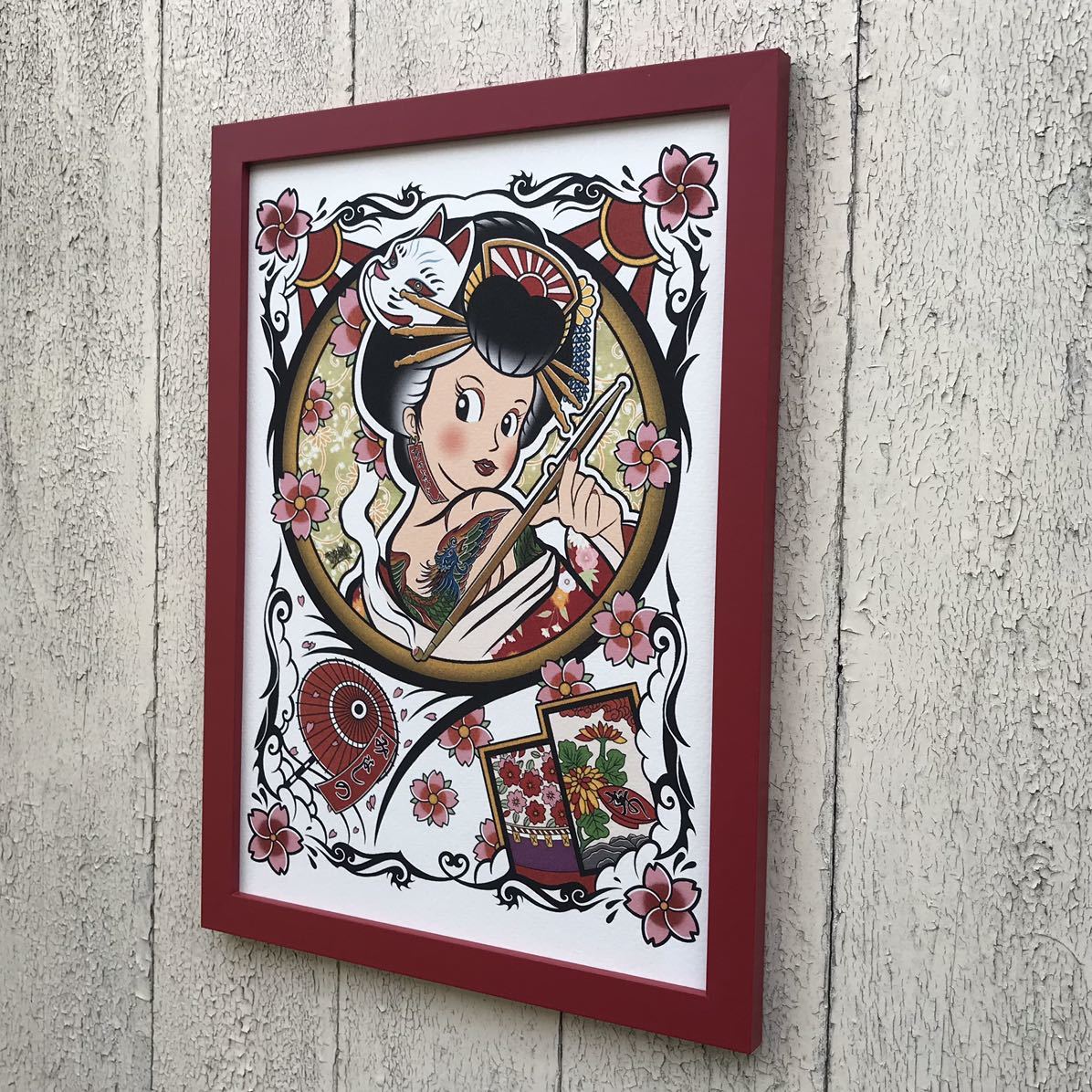 尾九 吉祥画 縁起物 春 花魁 花札 花見で一杯 A4サイズ 刺青 タトゥー tattoo イラスト 絵 桜柄 狐の面 フレーム付き アートフレーム_画像3