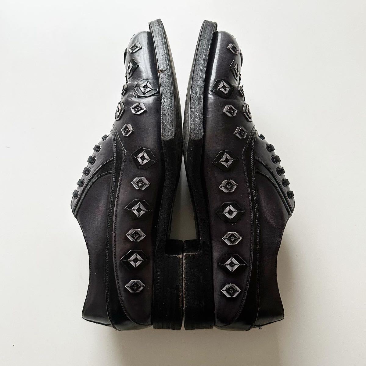名作 PRADA プラダ 12aw 幾何学 ドレスシューズ 革靴 黒 ブラック ラバーソール シャークソール ナイト フラワー