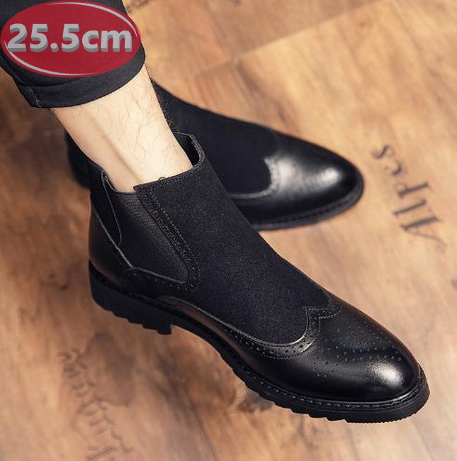 サイドゴア メンズ ビジネス レザー シューズ ブラック 25.5㎝ 革靴 靴 カジュアル 屈曲性 通勤 軽量 インポート品【n152】