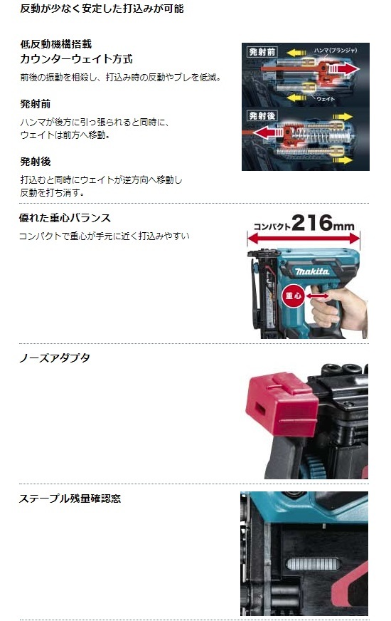 (マキタ) 充電式タッカ ST421DZK 本体+ケース付 J線ステープル専用幅4x長さ13～25mm 装てん本数100本 18V対応_画像4