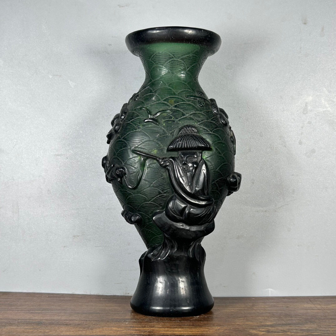 ▽鴻▽ 琉璃製 細密彫 漁翁垂釣紋 花瓶 置物 古賞物 中国古玩 中国古美術