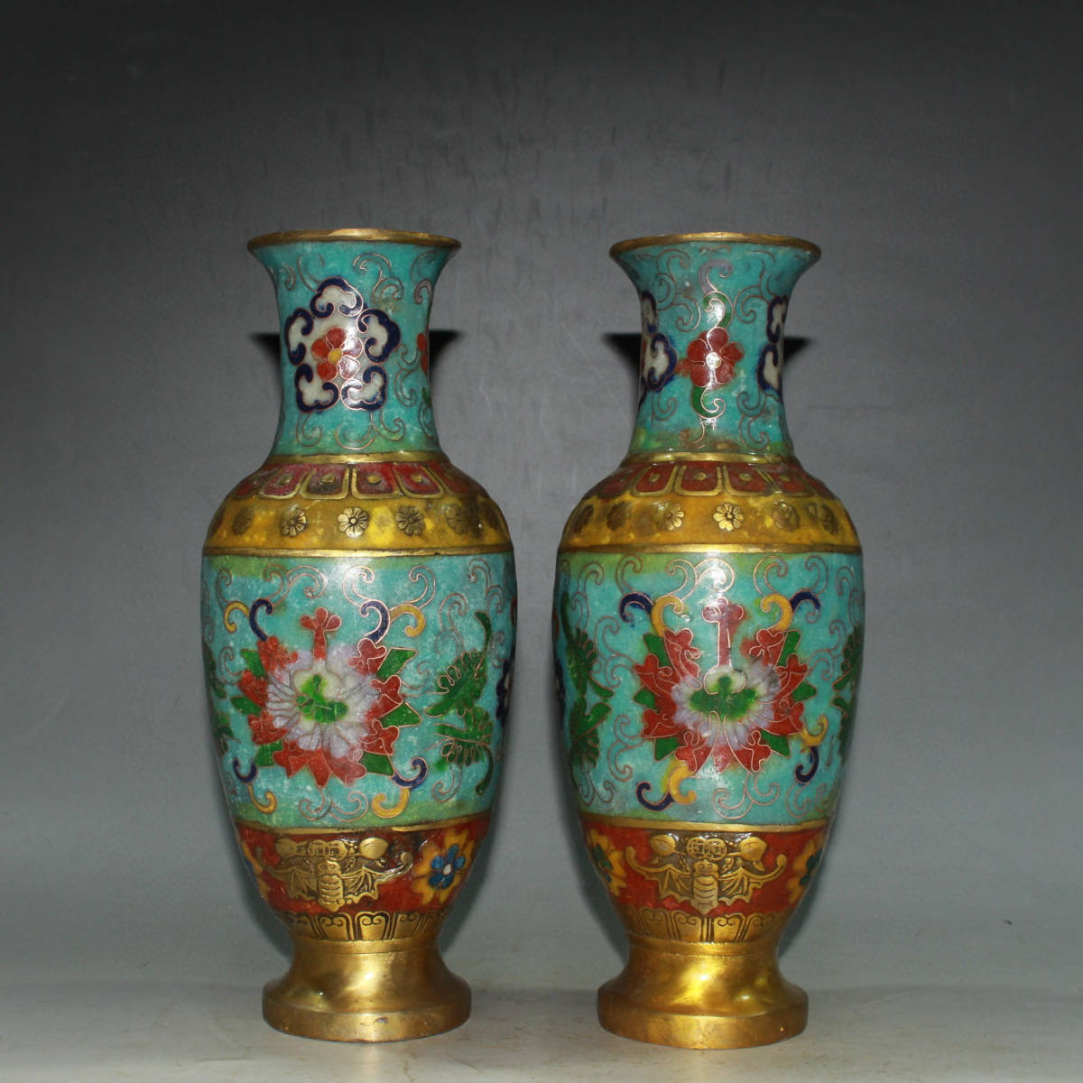 ▽鴻▽ 銅製 塗金 景泰藍 琺瑯彩 花卉紋 花瓶一對 置物 古賞物 中国