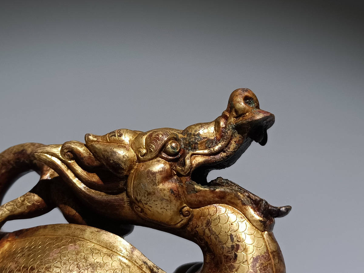 ▽鴻▽ 唐 青銅製 塗金 簪工龍 置物 古賞物 中国古玩 中国古美術