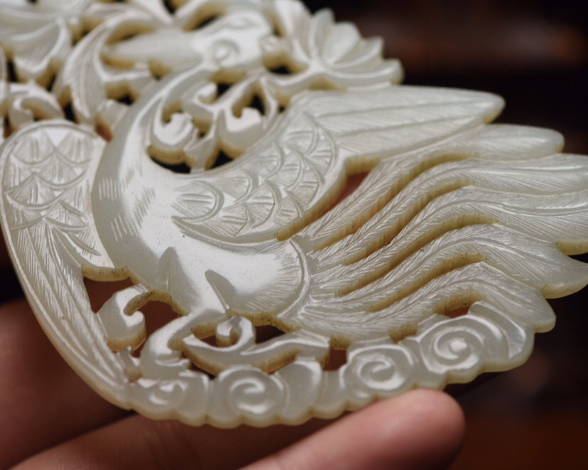 ▽鴻▽ 和田玉製 細密彫 透空彫 鳳凰戲牡丹 置物 古賞物 中国古玩 中国