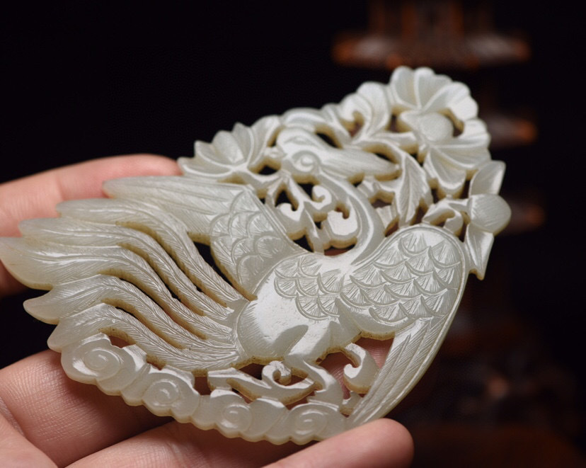 ▽鴻▽ 和田玉製 細密彫 透空彫 鳳凰戲牡丹 置物 古賞物 中国古玩 中国