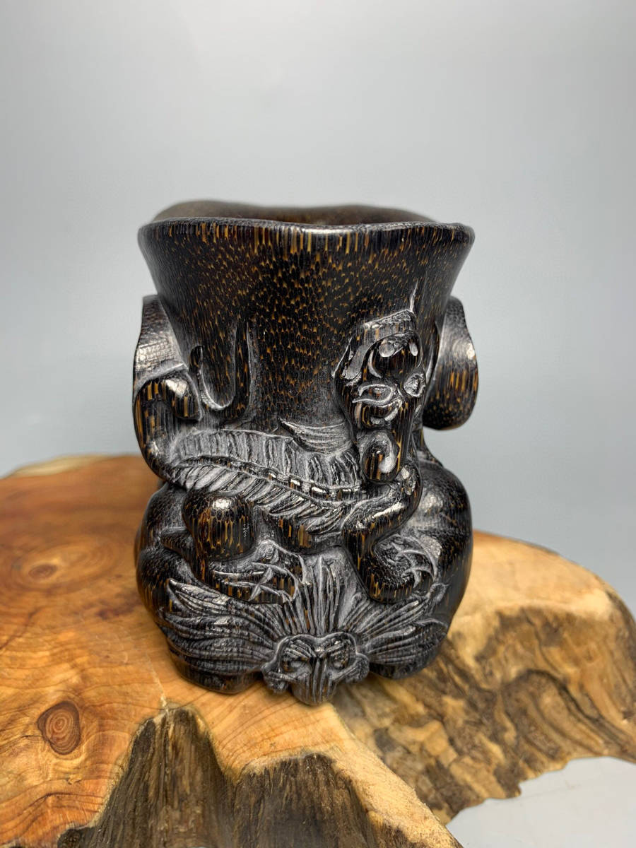 ▽鴻▽ 角材細密彫 神獣杯 置物 古賞物 中国古玩 中国古美術-