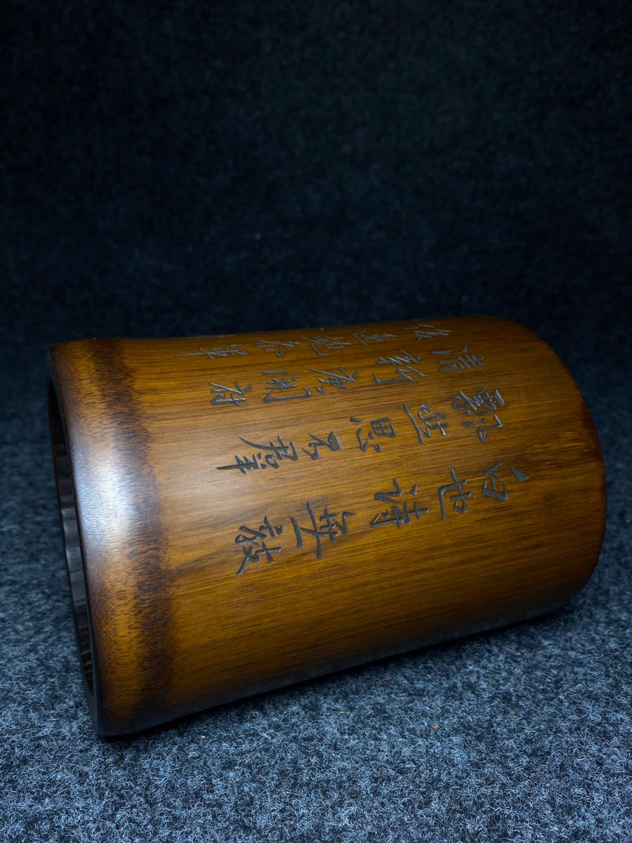 ▽鴻▽ 竹材細密彫 詩詞紋 筆筒 置物 古賞物 中国古玩 中国古美術