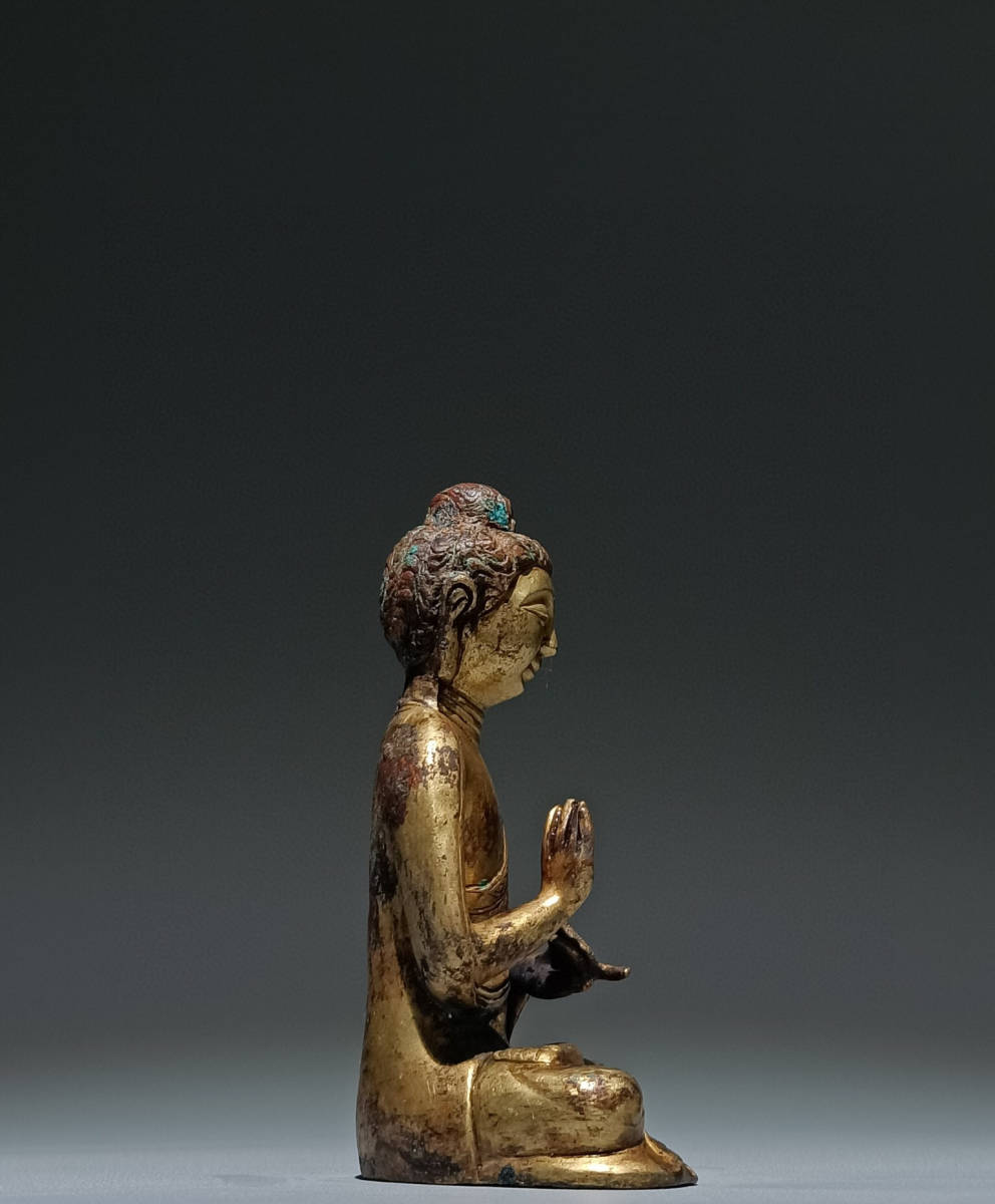 ▽鴻▽ 唐 青銅製 塗金 釋迦牟尼像 置物 古賞物 中国古玩 中国古美術