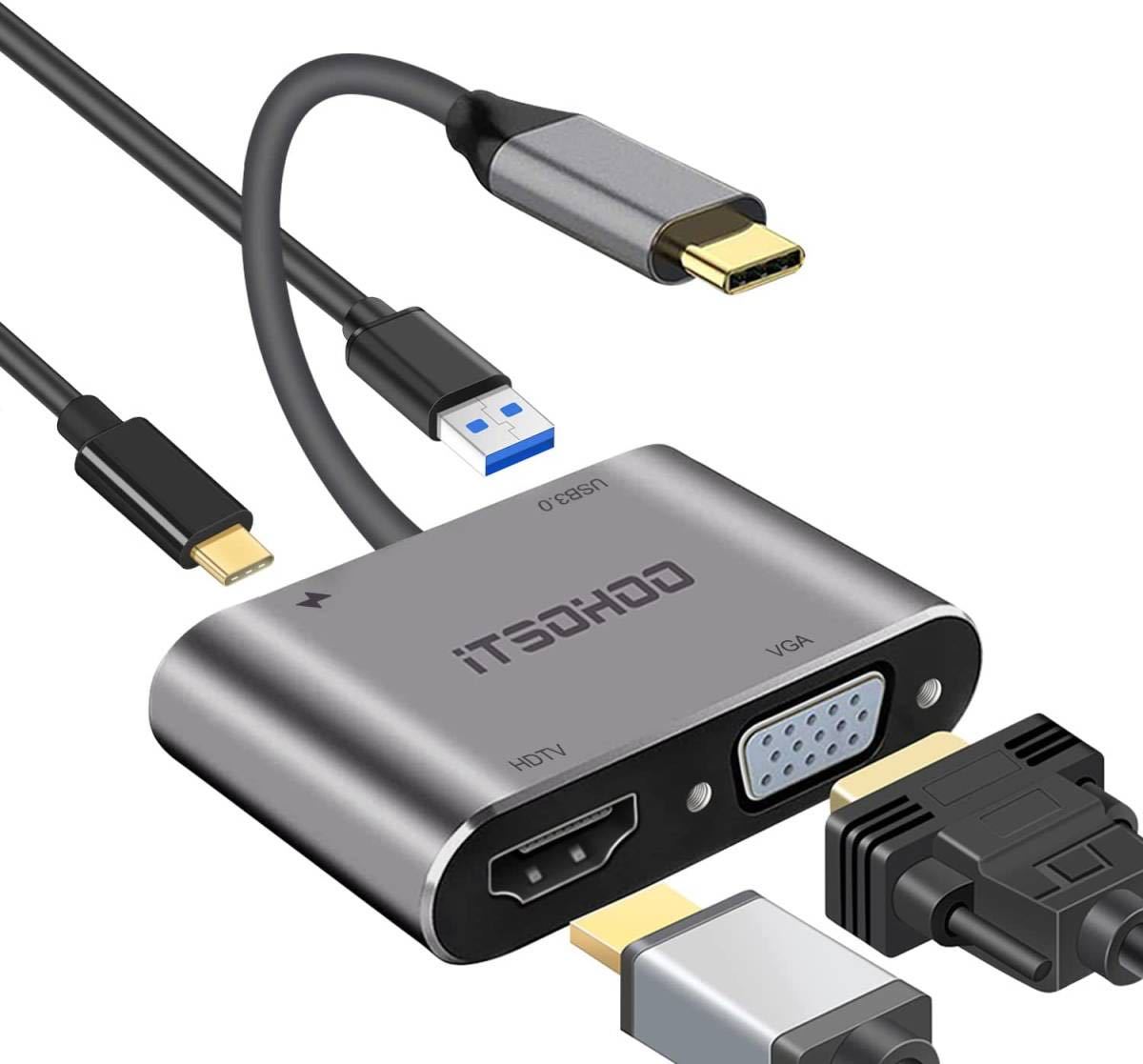 USB Type C HDMI VGA 変換アダプタ ハブ in to 4K UHD HDMIポート+USB  3.0ポ+VGAポート+Typec PD高速充電ポート