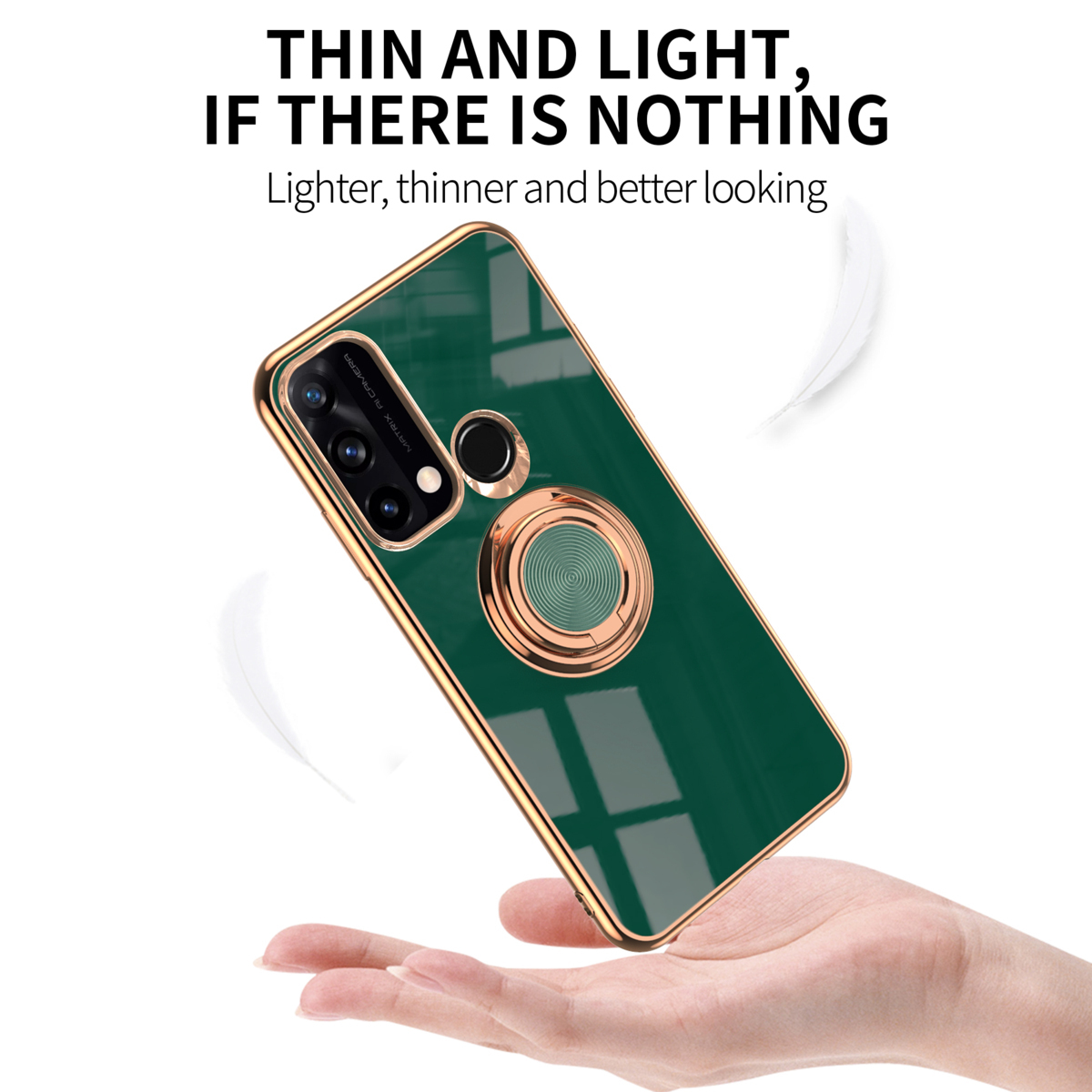 OPPO Reno5 A A101OP メッキ加工 マグネット対応 360度回転 リング付き ソフトケース TPU保護ケース ダークグリーン スマホリング付きケース グリーン マグネット
