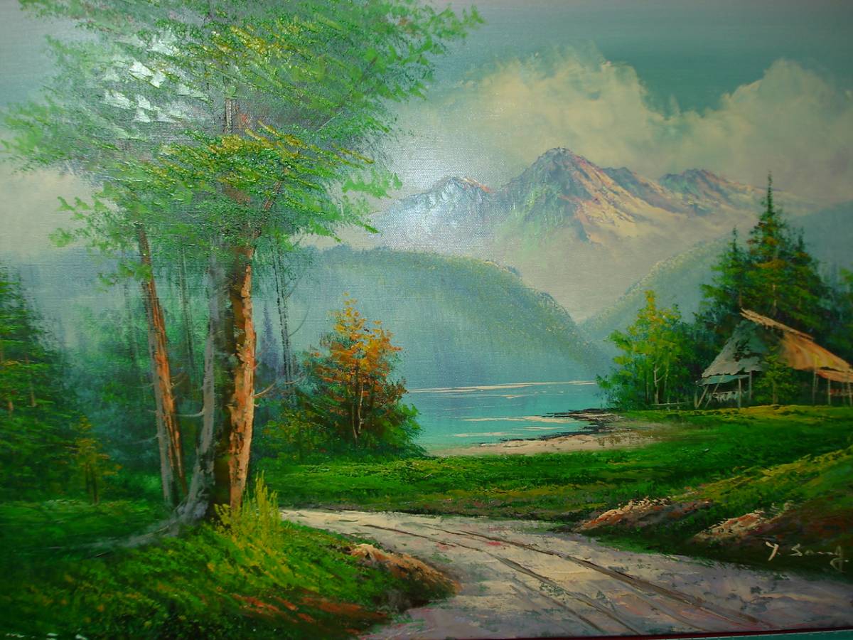 *[ excellent article .]* autograph autograph S.KANG dead stock goods oil painting . landscape painting foreign scenery handwriting picture mountain . mountain small shop picture old . canvas . rare article KOREA /K