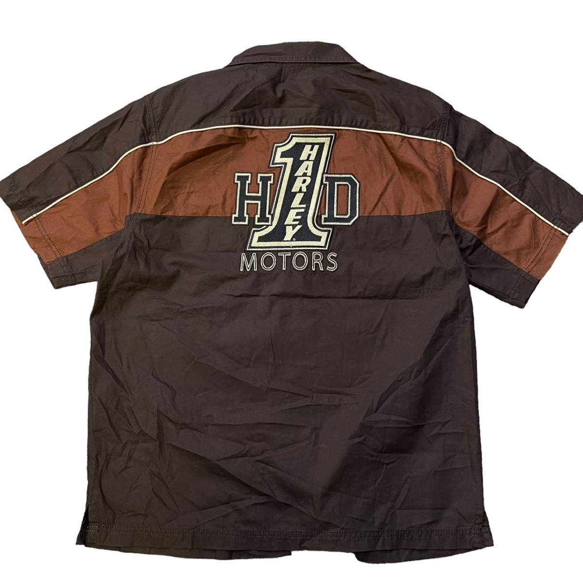 Harley Davidson ハーレーダビッドソン オープンカラーシャツ M ブラウン 半袖 開襟 ロゴ 刺繍 ボタンシャツ MOTORS モーターサイクル_画像2
