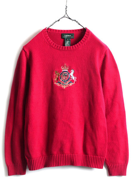 90s 希少サイズ S ■ LAUREN ラルフローレン コットン ニット セーター ( レディース ) 古着 90年代 オールド ポロ POLO クレスト 刺繍 赤