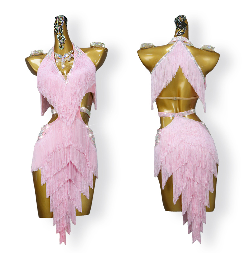 新作　レディース社交ダンス衣装　試合用上品ラテンドレス　ライトストーン飾　お得のセット品　サイズ調整対応　ピンク　フリンジ飾り
