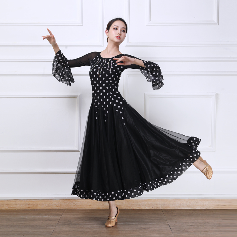 新品　レディース社交ダンス衣装　練習ワンピース　可愛いトッド柄　動きやすい　サイズS～XL　ブラック