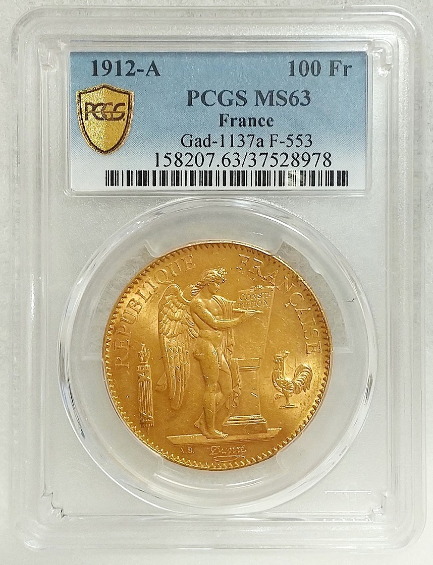 PCGS MS63 1912年A フランス エンゼル 100フラン 金貨 1オンス 1oz 高鑑定 エンジェル 天使 アンティークコイン