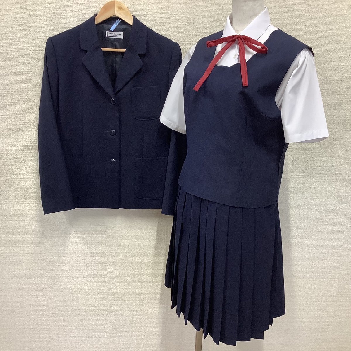 (Y)I168(中古) 女子学生服 5点セット /165A/170A/W65/ブレザー/ベスト/スカート/ブラウス/紐リボン/OLIVEdesOLIVE/冬/夏/制服/中学/高校