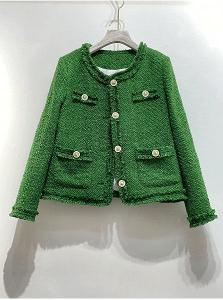 新品新作レディースコートツイードジャケットノーカラーおしゃれ緑L