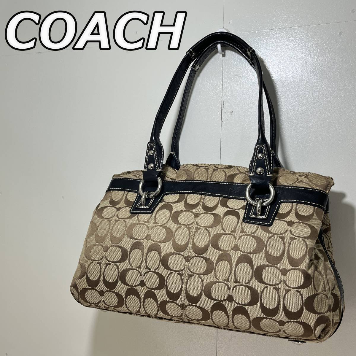 【COACH】コーチ F14696 シグネチャー 総柄ロゴ キャンバス レザー ハンドバッグ 手持ちカバン ベージュ 黒 ブラック