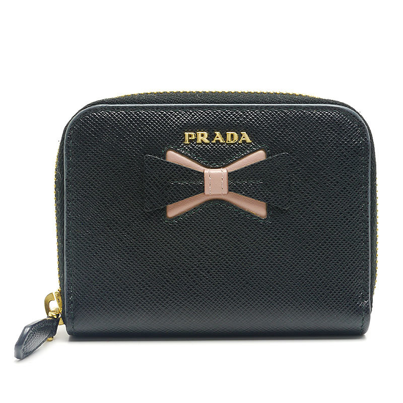 プラダ PRADA コインケース 1MM268 サフィアーノ ブラック 黒 ラウンドジップ リボン 小銭入れ_画像1