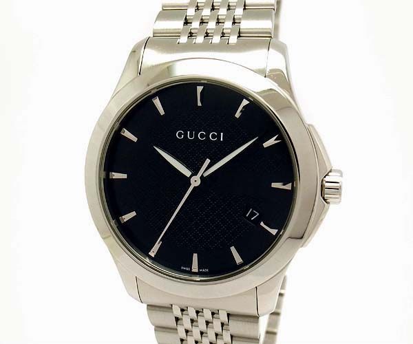 美品■GUCCI グッチ G-TIMELESS 腕時計 クオーツ アナログ表示 日付表示 黒文字盤 ジータイムレス 5気圧防水 メンズ